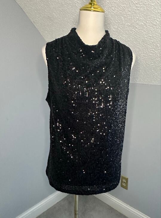 Cable & Gauge Tops - EUC Cable & Gauge Black Sequin Sleeveless Top Sz L Cowl Mock Neck Keyhole
